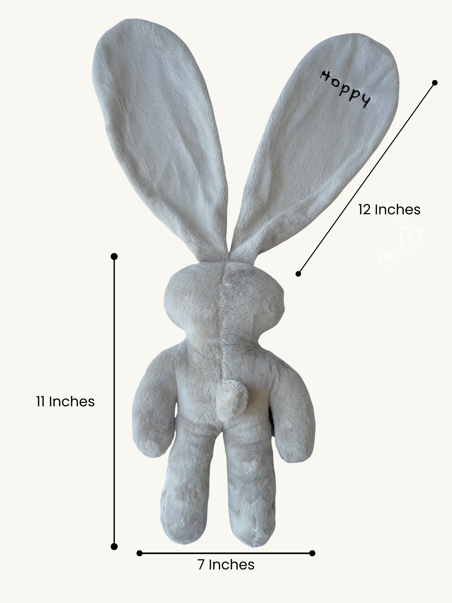 Hoppy baby lovey bunny size guide showing 11-inch body height, 12-inch ears, and 7-inch width.